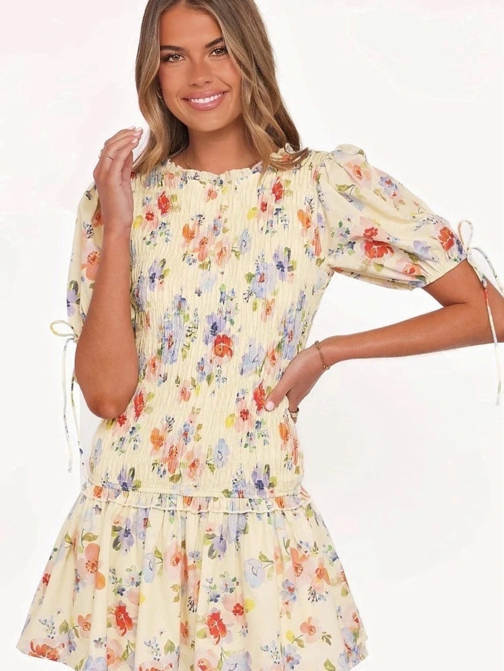 Petal & Pup Kaelyn Gather Mini Dress Floral Mini Dress in Yellow sz xs, nwt💛